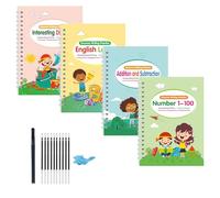 Lot de 4 livres d'écriture rainurés magiques pour enfants comprenant des lettres et des chiffres, des opérations mathématiques pour les enfants d'âge préscolaire