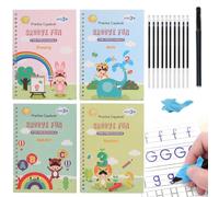 Lot de 4 livres d'entraînement réutilisables pour enfants de 3 à 8 ans - Grands cahiers d'exercices à rainures magiques avec stylos, traçage de lettres et de chiffres, dessin et mathématiques
