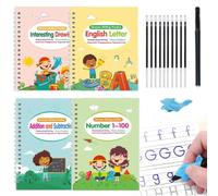Lot de 4 livres d'entraînement réutilisables pour enfants de 3 à 8 ans - Grands cahiers d'exercices à rainures magiques avec stylos, traçage de lettres et de chiffres, dessin et mathématiques