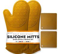 Lot de 4 maniques et dessous de plat en silicone souple sans BPA - Gants de cuisine ultra résistants à la chaleur avec doublure en coton épais - Long maniques antidérapantes et flexibles - Jaune