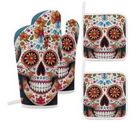 Lot de 4 maniques et maniques colorées en forme de crâne en sucre résistant à la chaleur avec boucle de suspension pour cuisine, pâtisserie, barbecue, cadeau de cuisine idéal pour les cuisiniers et