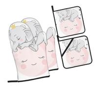 Lot de 4 maniques et maniques en forme de bébé éléphant endormi - Motif lune rose - Résistants à la chaleur - Gants de cuisine modernes et maniques pour la cuisine, la pâtisserie, les grillades