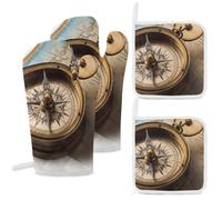 Lot de 4 maniques et maniques en forme de boussole résistantes à la chaleur avec boucle de suspension pour cuisine, pâtisserie, barbecue, cadeau de cuisine idéal pour les cuisiniers, les boulangers