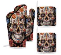 Lot de 4 maniques et maniques en forme de crânes en sucre résistants à la chaleur avec boucle de suspension pour cuisine, pâtisserie, barbecue, cadeau de cuisine idéal pour les cuisiniers et les