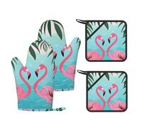 Lot de 4 maniques et maniques en silicone résistant à la chaleur avec motif de feuilles de palmier et de flamants roses pour cuisine, pâtisserie, grillades
