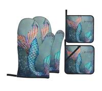 Lot de 4 maniques et maniques imprimées queue de sirène - Résistantes à la chaleur - Décoration de cuisine et accessoires pour la cuisine, la pâtisserie, le barbecue