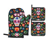 Lot de 4 maniques et maniques mexicaines avec motif tête de mort squelette floral résistant à la chaleur pour cuisine