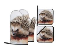 Lot de 4 maniques et maniques - Motif hérisson - Tendance - Résistants à la chaleur - Pour barbecue, barbecue, cuisson, four à micro-ondes