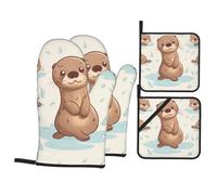 Lot de 4 maniques et maniques résistantes à la chaleur avec motif loutre de dessin animé - Décoration de cuisine et accessoires pour cuisine, pâtisserie, grillades et barbecue