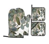 Lot de 4 maniques et maniques résistantes à la chaleur - Motif feuilles d'eucalyptus - Décoration de cuisine et accessoires pour la cuisine, la pâtisserie, le barbecue
