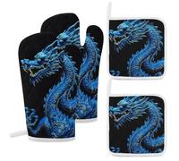 Lot de 4 maniques et maniques résistants à la chaleur, double couche épaisse avec boucle de suspension, gants de cuisine motif dragon chinois bleu et tapis chaud pour cuisine, pâtisserie, grillades
