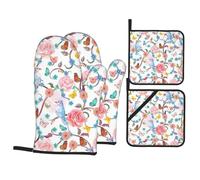Lot de 4 maniques et maniques romantiques avec imprimé floral et papillon - Résistants à la chaleur - Pour barbecue, grillades et micro-ondes