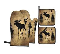 Lot de 4 maniques et maniques rustiques avec motif d'élan et de cerf, forêt, pin, lune, motif animaux vintage, résistants à la chaleur, gants de cuisine antidérapants pour cuisine