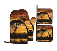 Lot de 4 maniques imprimées Girafe et arbres au crépuscule en Afrique - Résistants à la chaleur - Pour la cuisine, la pâtisserie, le barbecue - Cadeau