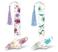 Lot de 4 marque-pages en forme de fleur séchée et support de page en résine, transparents faits à la main avec pompon, accessoires de livre mignons pour les amateurs de lecture, les étudiants, les