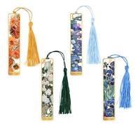 Lot de 4 marque-pages en métal pour livre, marque-page en forme de fleur, marque-page à fleurs séchées mignonnes pressées avec pompons, cadeaux pour lecteurs, marque-page pour femme (couleur : 4