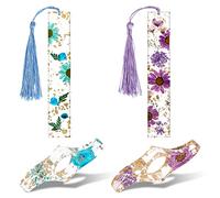 Lot de 4 marque-pages en résine de fleurs séchées porte-page de livre à fleurs transparentes faits à la main avec pompon mignon accessoires de livre cadeau pour les amateurs de lecture