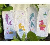 Lot de 4 marque-pages sirène en coton égyptien, 100 % coton, 14 fils Aïda avec bord en dentelle pour point de croix, point de croix, marque-page