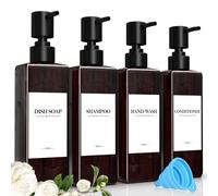 Lot de 4 Marron Flacon Pompe Vide, 500ml Distributeur Gel Douche, Plastique Distributeur Shampoing et Gel Douche avec Entonnoir et éTiquette ImperméAble pour La Cuisine, La Salle de Bain