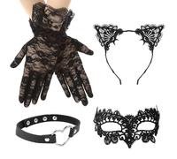 Lot de 4 masques vénitiens pour femme - Dentelle Catwoman - Masque de bal masqué - Masque pour les yeux - Masque pour Halloween - Bandeau avec oreilles de chat et dentelle pour carnaval,