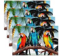 Lot de 4 Mignon Perroquet 3D 45x30 Tapis de Sol Vert Feuille de Palmier Tapis de Table Coloré Plumes D'Oiseaux Tapis de Sol Hawaiian Mountain Plantes Tropicales Tapis de Sol Imperméable Table À Manger