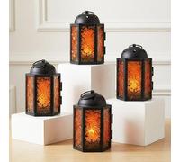 Lot de 4 mini photophores d'Halloween - 10,8 cm - Petite lanterne marocaine décorative pour table ou suspension - En métal avec panneaux de verre - Ramadan, mariage, décoration d'intérieur, orange