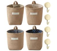 Lot de 4 Mini Sacs en Lin Avec Crochets - Sac de Rangement à Suspendre au Mur ou Sur la Porte - Panier de Rangement Pliable