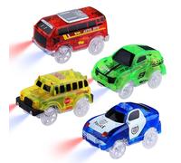 Lot de 4 mini Voiture Jouet magiques phosphorescentes dans le noir - Mini voiture police, bus, bus scolaire, voiture de sport avec 5 lumières LED clignotantes pour voiture enfant de 3, 4, 5, 8 ans