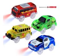 Lot de 4 mini Voitures Jouet magiques phosphorescentes dans le noir - Mini voiture police, bus, bus scolaire, voiture de sport avec 5 lumières LED clignotantes pour enfant de 3 à 8 ans