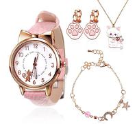 Lot de 4 montres chat pour enfants - Montre pour fille - Montre pour fille - Montre à quartz - Bracelet en cuir - Collier de perles - Mignon collier de chat - Dessin animé - Pour femme