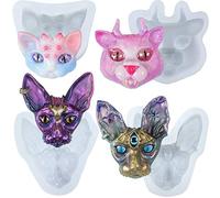 Lot de 4 moules à breloques en résine époxy en forme de chat diable - Sphynx - Chaton à corne pour bijoux - Fournitures de moulage