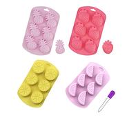 Lot de 4 moules à gelée en silicone 3D en forme d'ananas, fraise, orange, myrtille, mûrier - Pour gelée, fondant, savon, gâteau, décoration de cupcakes, avec compte-gouttes