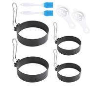 Lot de 4 moules à œufs au plat, moules à pancakes, œufs au plat et crêpes en acier inoxydable - Lot de 4 moules (7,5 cm et 9 cm) + 2 séparateurs d'œufs et 2 brosses pour des variations de