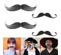 Lot de 4 moustaches à coller - Moustache autocollante - Amusante des années 80 - Pour costumes de cosplay, fêtes de vacances (noir, gris)