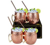 Lot de 4 mugs en cuivre de qualité alimentaire avec paille, faits à la main - pour cocktail et repas - Excellent cadeau