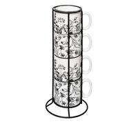 Lot de 4 Mugs sur Rack ""White Floral"" 24cl Blanc