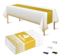 Lot de 4 nappes jetables en Plastique pour fête, Blanches, dorées, rectangulaires, pour Mariage, Anniversaire, Baby Shower, Barbecue, décoration de première Communion, 137,2 x 274,3 cm