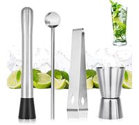 Lot de 4 Outils de Barman, Cocktail Muddler Set Muddler Mojito Cocktail Muddler Mojis Set Cuillère à mélanger avec Pilon Pince à Glace Tasse à mesurer