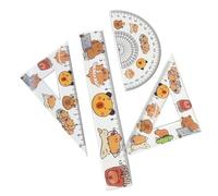 Lot de 4 outils de mesure mignons en acrylique de 15 cm, règle triangulaire, rapporteur, fournitures de mathématiques et de géométrie pour l'école, le bureau, design Capybara transparent