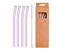 Lot de 4 pailles en verre réutilisables de 8 mm, droites et courbées, for boissons, lait, café(Pink Curved)