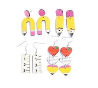 Lot de 4 paires de boucles d'oreilles en acrylique pour femmes et filles, papeterie règle, crayon, boucles d'oreilles en acrylique, cadeau créatif unique, ensemble de bijoux pour décoration de fête