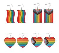 Lot de 4 paires de boucles d'oreilles en bois arc-en-ciel avec pendentif en forme de cœur coloré pour lesbiennes, gays, bisexuels, LGBTQ