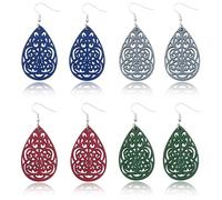 Lot de 4 paires de boucles d'oreilles en bois de différentes formes bohémiennes creuses africaines pendantes, Pas de gemme