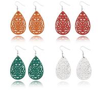 Lot de 4 paires de boucles d'oreilles en bois de différentes formes bohémiennes creuses africaines pendantes, Pas de gemme
