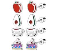 Lot de 4 paires de boucles d'oreilles hypoallergéniques à vis en acier chirurgical pour femme, motif fruits mignons, hamburgers, frites, gâteau, Acier inoxydable, Pas de gemme