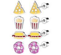 Lot de 4 paires de boucles d'oreilles hypoallergéniques à vis en acier chirurgical pour femme, motif fruits mignons, hamburgers, frites, gâteau, Acier inoxydable, Pas de gemme