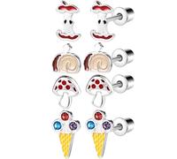 Lot de 4 paires de boucles d'oreilles hypoallergéniques à vis en acier chirurgical pour femme, motif fruits mignons, hamburgers, frites, gâteau, Acier inoxydable, Pas de gemme