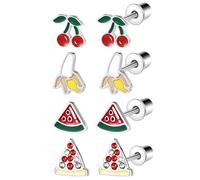 Lot de 4 paires de boucles d'oreilles hypoallergéniques à vis en acier chirurgical pour femme, motif fruits mignons, hamburgers, frites, gâteau, Acier inoxydable, Pas de gemme