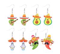 Lot de 4 Paires de Boucles d'Oreilles Mexicaines Cinco de Mayo, Pinata Sombrero Avocat Cactus Bouteille de Vin Piment Boucles d'Oreilles Pendantes pour Femmes Mexicaines Fête Bijoux Cadeau