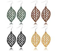 Lot de 4 paires de boucles d'oreilles pendantes légères en forme de feuille en bois naturel rétro bohème (ER1212), bois, sans pierre précieuse, Bois, Pas de gemme